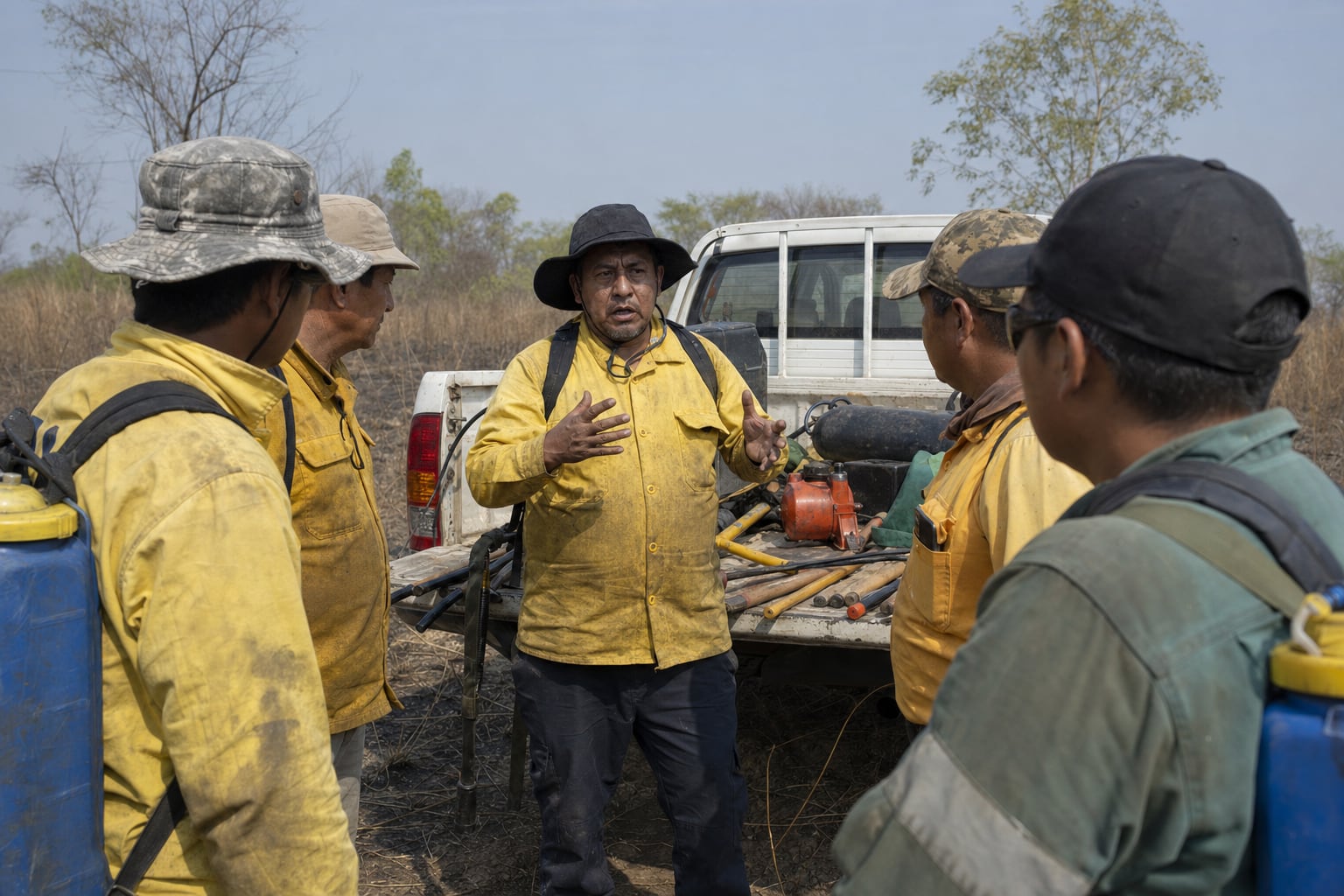 Integrantes de una brigada voluntaria coordinando junto a una camioneta en terreno seco del oriente boliviano, antes de salir a patrullar.