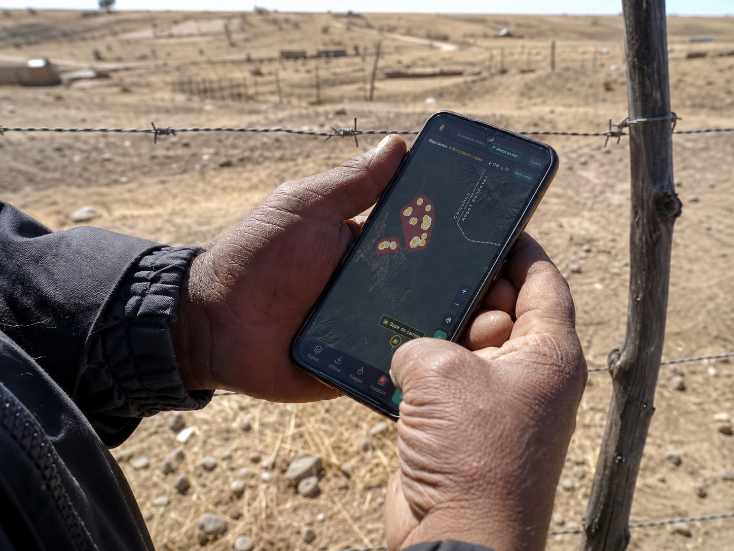 Celular en campo — WhatsApp sigue siendo el canal humano; Aura aporta mapa, histórico y alertas estructuradas.