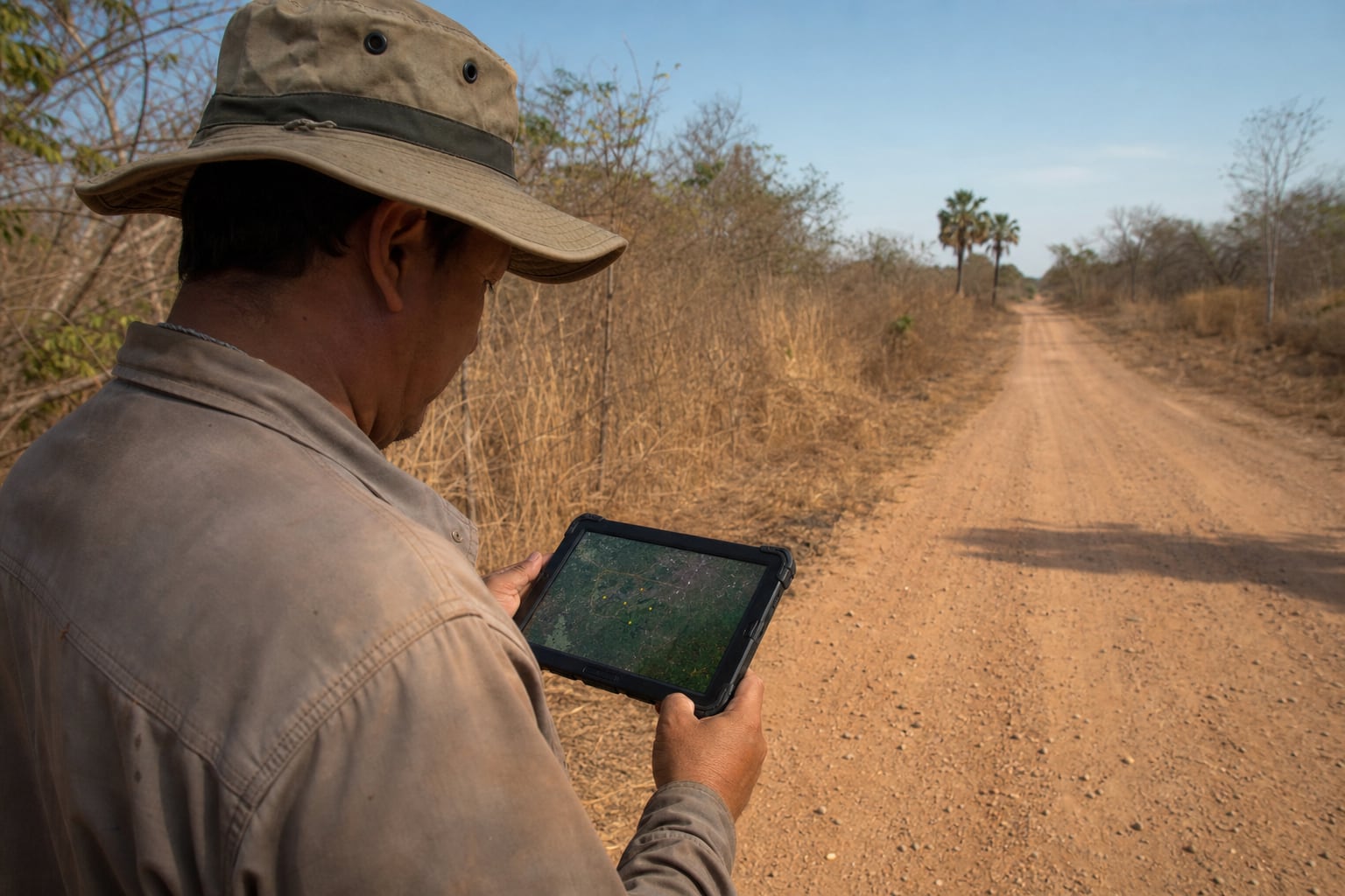 Integrante de brigada revisando focos de calor en una tablet a un costado del camino, en pastizal seco de temporada — la detección temprana empieza por ver el dato sobre tu propio territorio.