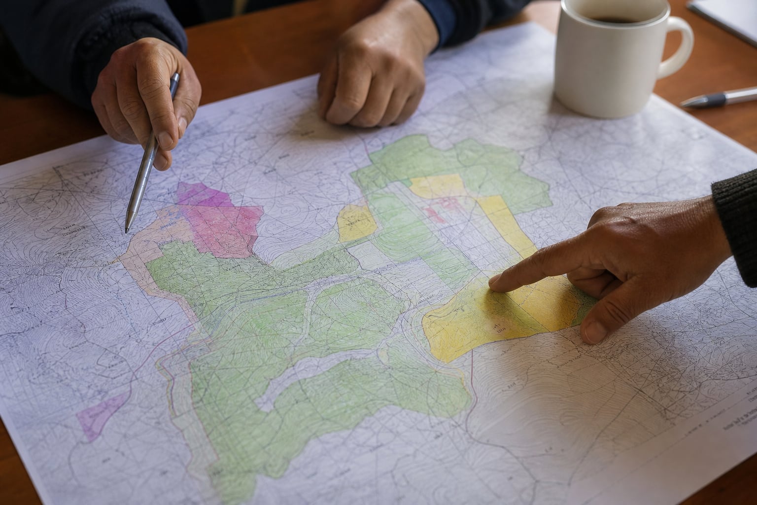 Mapa impreso en mesa de trabajo — sin tablero digital compartido, cada reunión reconstruye la situación desde cero.
