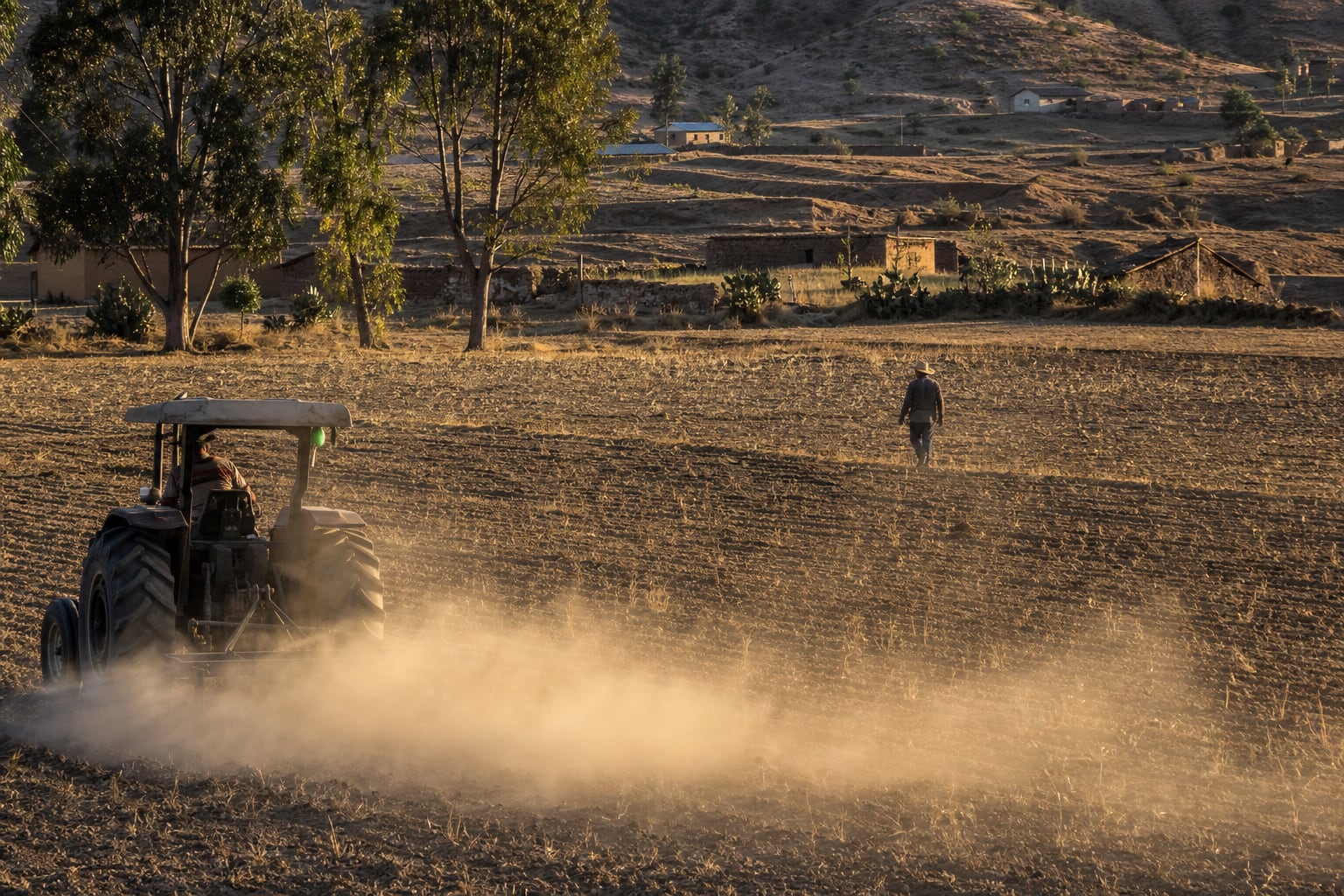 Tractor y labores en campo abierto — donde una chispa mal controlada puede convertirse en foco satelital al día siguiente.